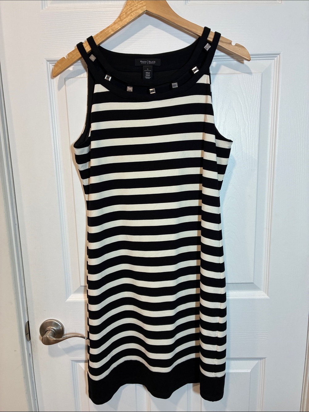 White House Black Market Black and White Striped Studded Sleeveless Dress